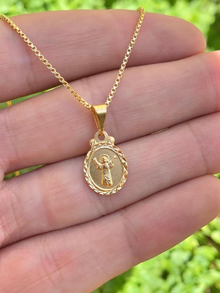 14K Gold Filled Baby Jesus Necklace for Kids Box Link Chain 16" 16x10mm