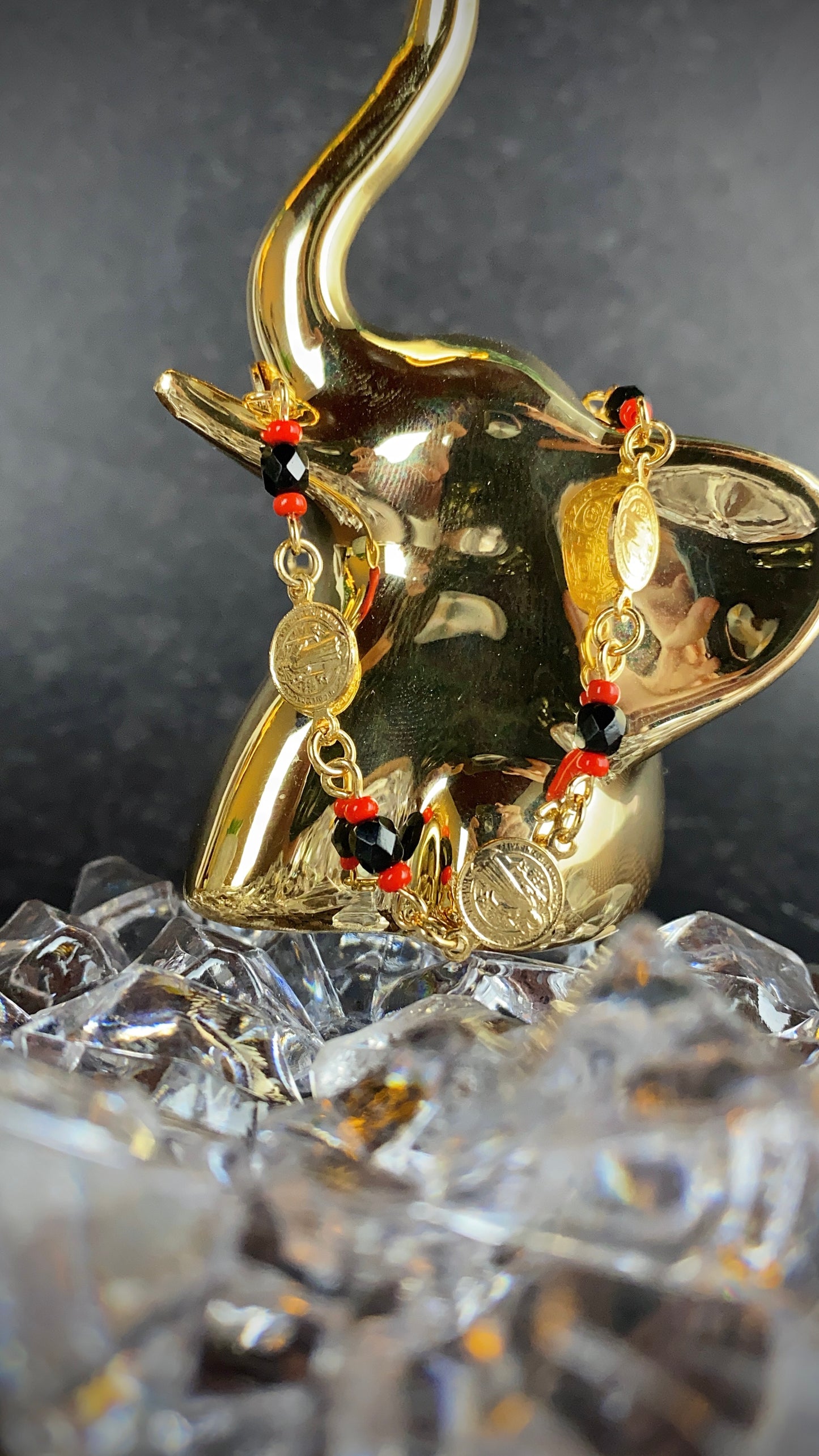 Womens San Benito Bracelet - Gold Filled Saint Benedictus Charm Black Red Beads