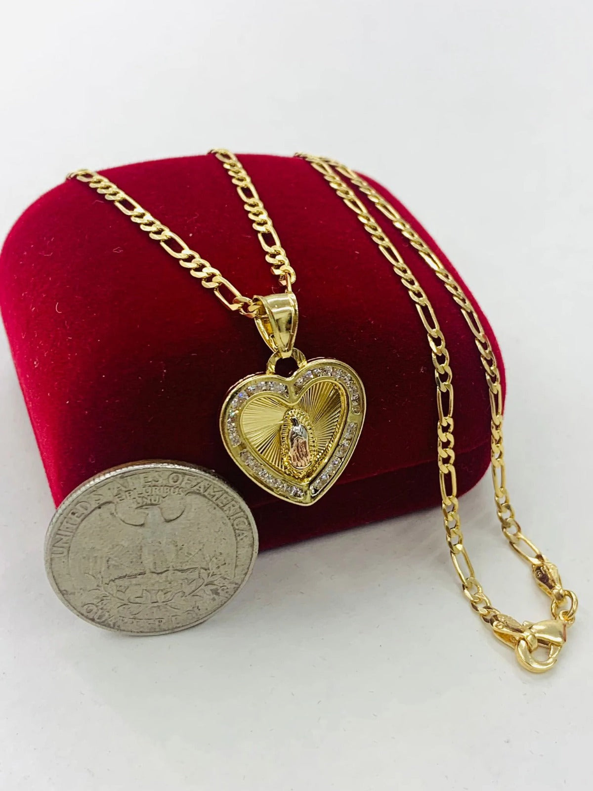 Virgen de Guadalupe Necklace Pendant CZ Heart Tri Color Link Figaro 18" Dije Guadalupe Tres Oros