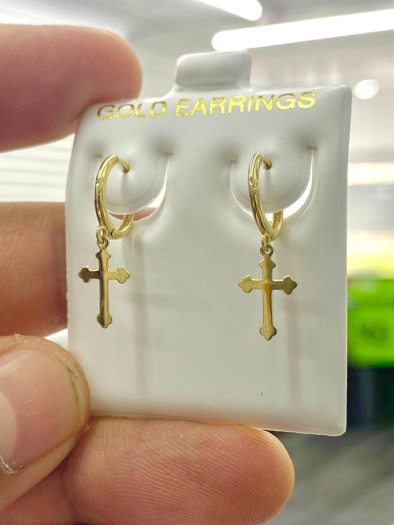10K Yellow Gold Plain Cross Huggies Hoop Earrings Dangle Womens Baby 1st Communion