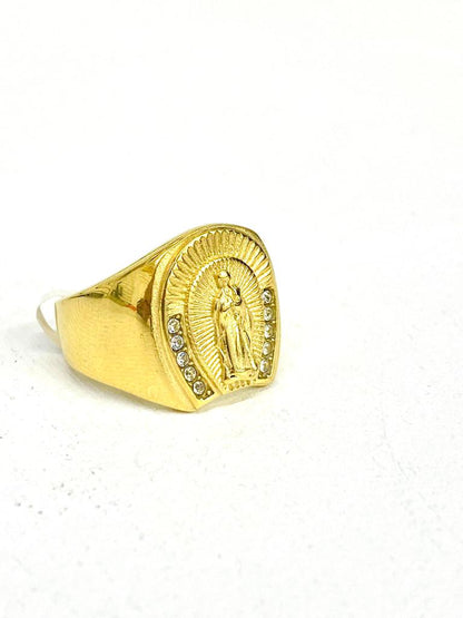 Stainless Steel Virgen de Guadalupe Ring CZ Mens Womens Virgin Mary Jewelry Tiny