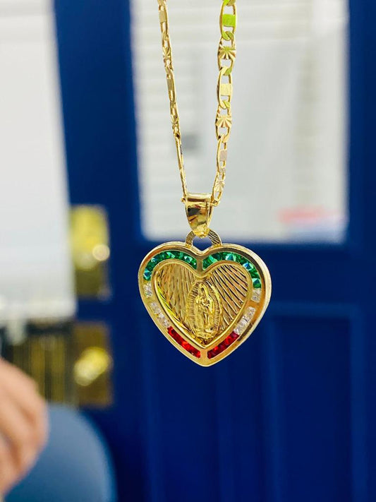 CZ Heart Virgen de Guadalupe Necklace Pendant 19x18 Valentino Chain 14K Gold Filled Womens