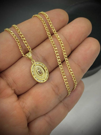 Kids Baby Virgen de Guadalupe Necklace 14K Gold Filled Curb Chain 17x12mm Gift for Babies