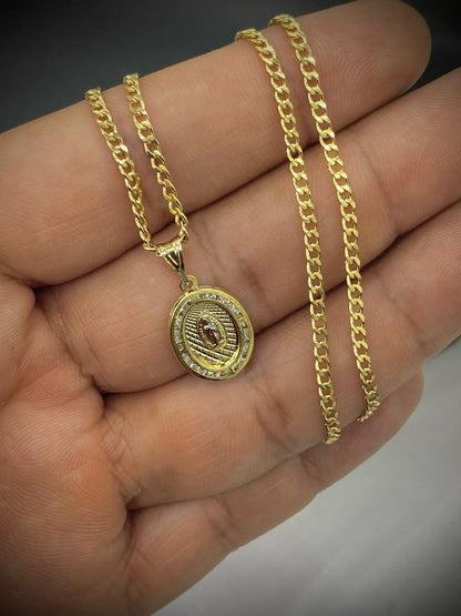 Kids Baby Virgen de Guadalupe Necklace 14K Gold Filled Curb Chain 17x12mm Gift for Babies