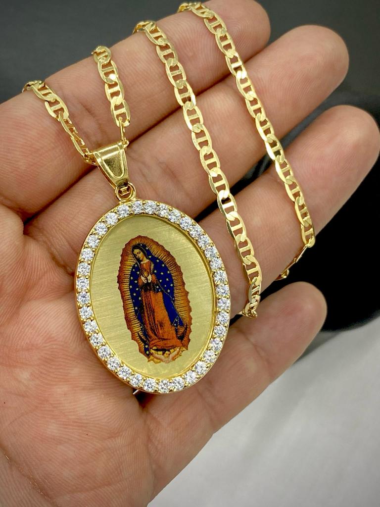 14K Gold Filled Virgen De Guadalupe Necklace CZ Mariner Chain Enamel Men Women 43x30
