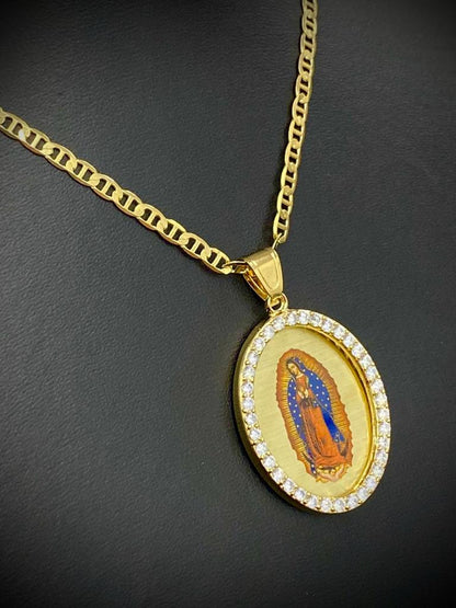 14K Gold Filled Virgen De Guadalupe Necklace CZ Mariner Chain Enamel Men Women 43x30