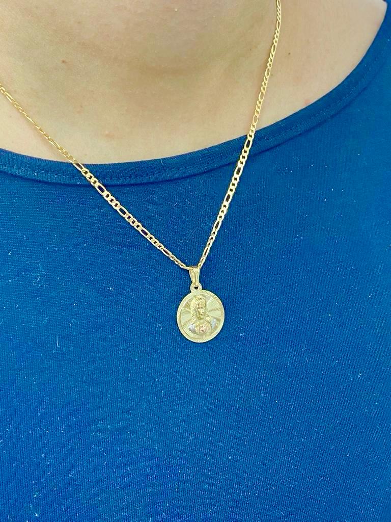 Jesus Pendant Necklace Figaro Chain For Mens Womens 14K Gold Filled 21x18mm