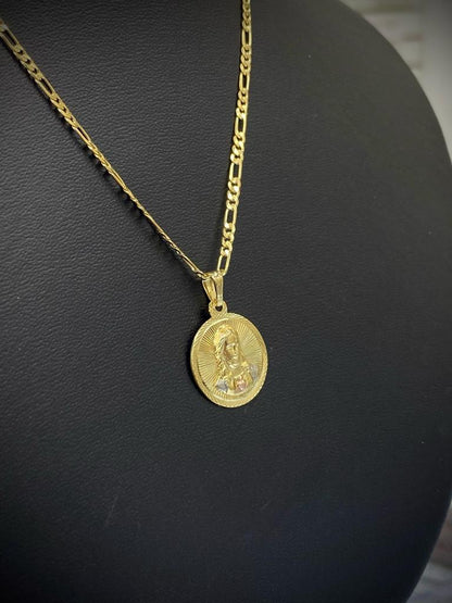 Jesus Pendant Necklace Figaro Chain For Mens Womens 14K Gold Filled 21x18mm