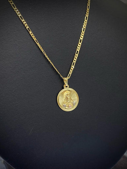 16x14mm Jesus Christ Pendant Necklace Figaro Chain Unisex 14K Gold Filled