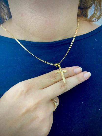 NEW Cross Necklace Figaro Chain 14K Gold Filled Gifts Crucifix Charm 30x18