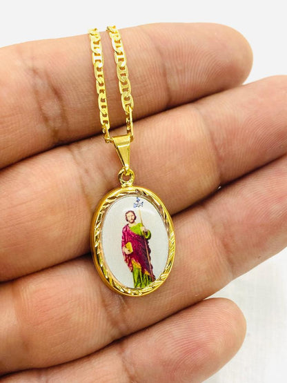 San Judas Necklace Enamel 14K Gold Filled Mariner Chain 24x16 Catholic Gift