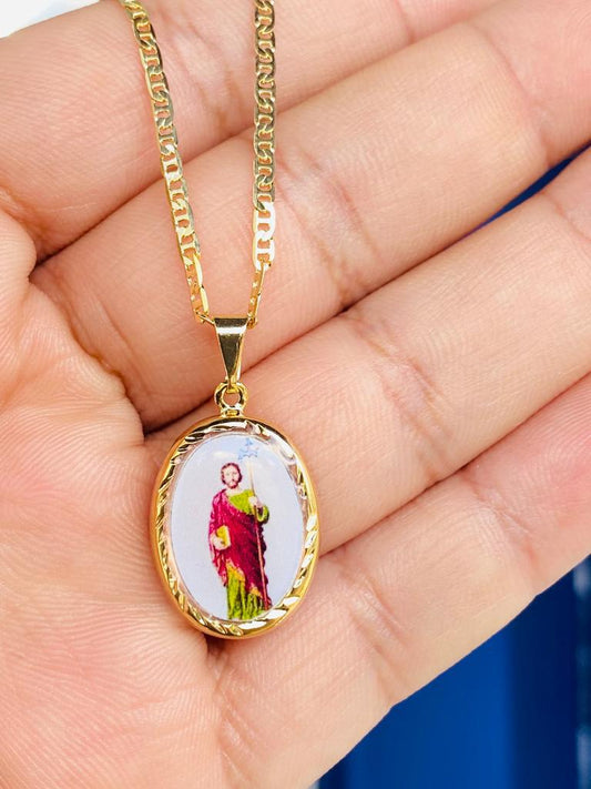 San Judas Necklace Enamel 14K Gold Filled Mariner Chain 24x16 Catholic Gift