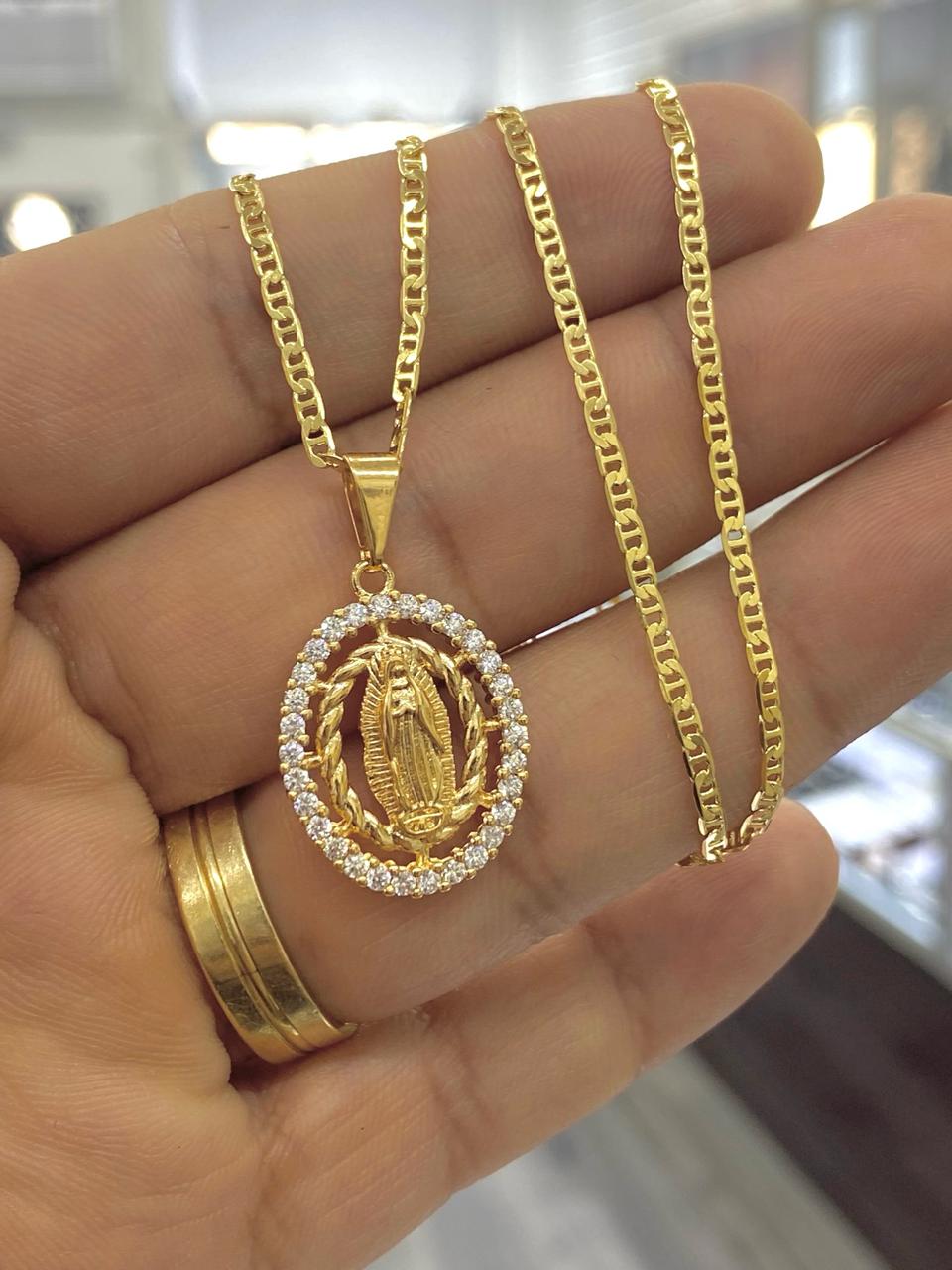Our Lady Of Guadalupe CZ Necklace Mariner Chain Gold Filled Unisex Gift