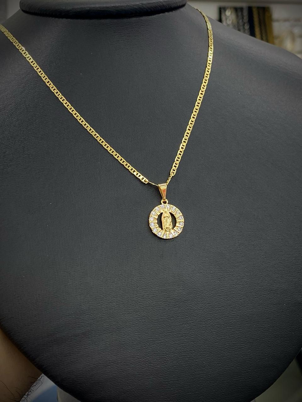 Round CZ Virgen de Guadalupe Necklace Mariner Chain Gold Filled Gifts Jewel
