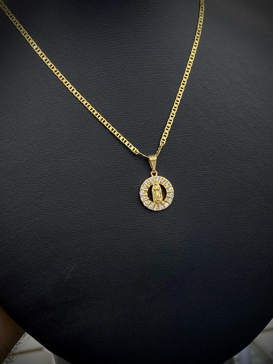 Round CZ Virgen de Guadalupe Necklace Mariner Chain Gold Filled Gifts Jewel