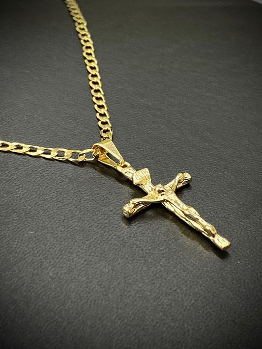Yellow Gold Filled Rustic Cross Necklace Crucifix Charm Mens Womens Curb Chain 24"