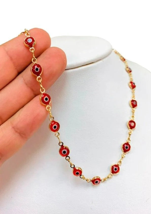 Red Evil Eye Chain Necklace 17.5" GF Fashin Elegant Cadena Mal de Ojo Oro Laminado