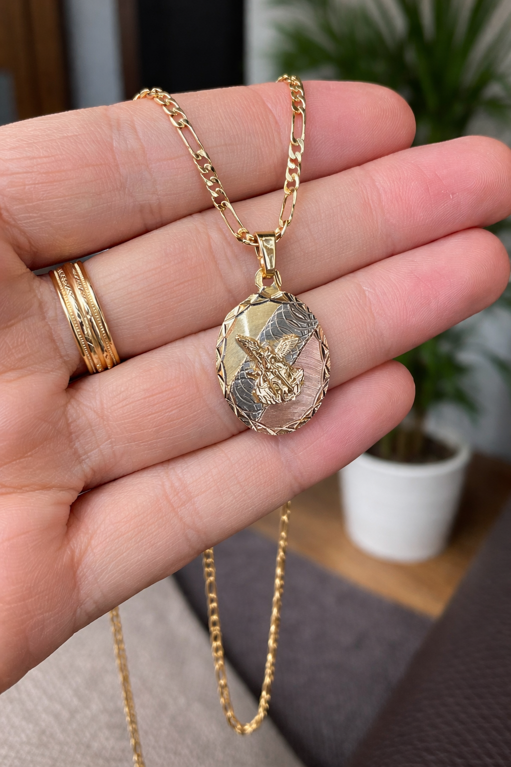 14K Gold Filled Saint Michael Pendant Necklace Figaro Chain for Womens Mens
