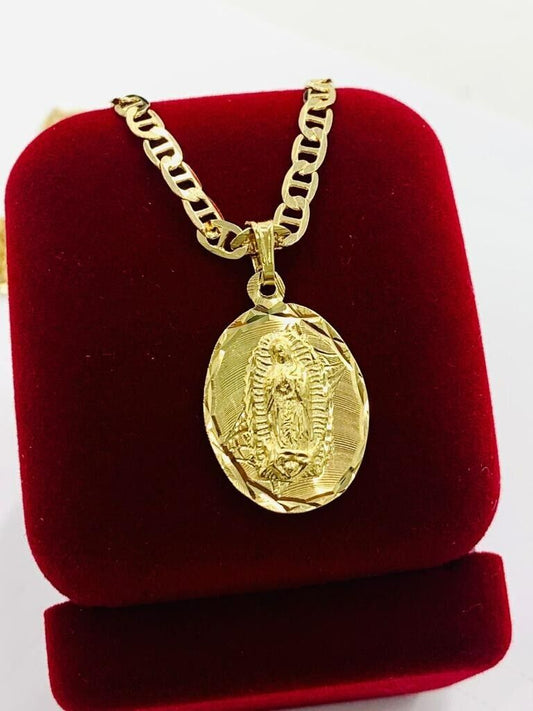 Yellow Gold Filled Virgen de Guadalupe Necklace Charm Mariner Chain 24" Mens Womens