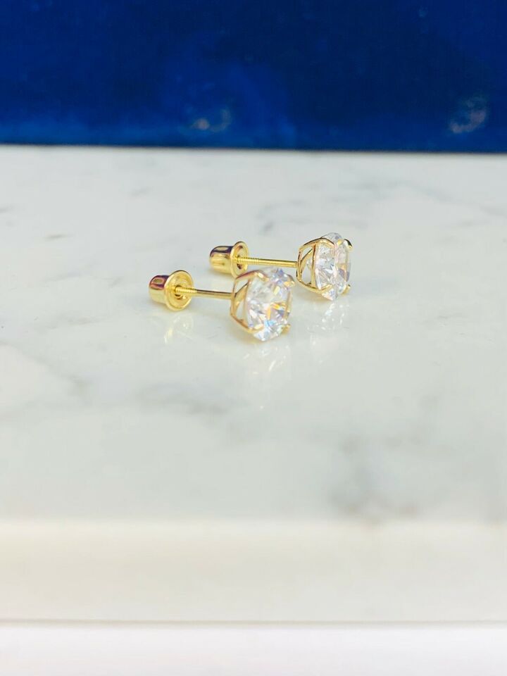 10K Solid Yellow Gold Round CZ Screw Back Stud Earring 6mm for Womens Mens