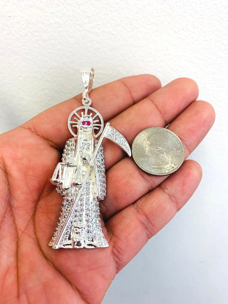 Santa Muerte Pendant 2.6x1.3” INCH, Sterling Silver CZ Santa Murte Pendant, Mexican Pendant