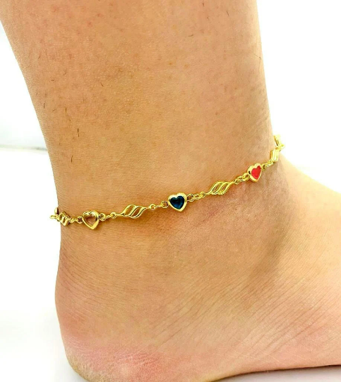 Multi Color Heart Anklet Bracelet for Women's 10" in Gold Filled/ Bracelet for Foot Heart / Love Anklet Bracelet / Pulsera de Pie de Corazón