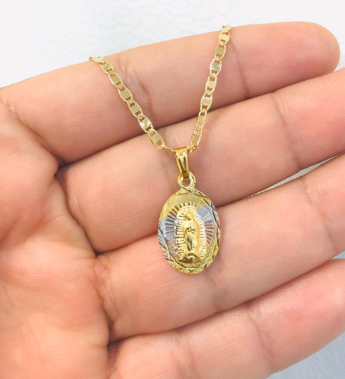 14K Gold Filled Guadalupe Necklace Pendant Set 20x13mm With Valentino Chain 20" / Our Lady of Guadalupe Pendant / Cadena y Dije de la Virgen de Guadalupe