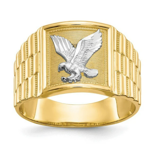 14K Yellow Solid Gold Mens Eagle Ring #10 Anillo de Aguila en Oro Two Tone Ring 6.28g