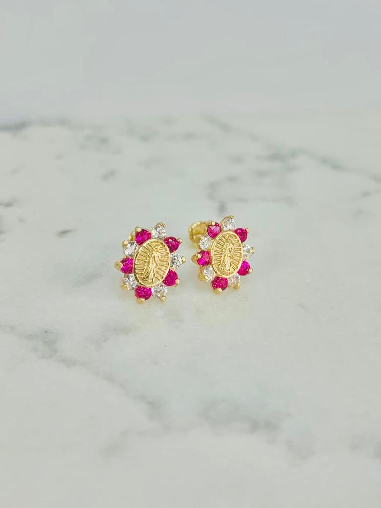 Virgen de Guadalupe Earrings ● Screw Back Earrings ● Red Stone Guadalupe Earrings 9x8mm ● 10K Solid Gold