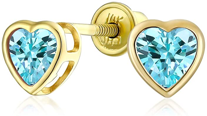 14K Solid Gold Heart Birthstones Earrings Screw Back for Kids Womens Ladies / Everyday Gold Earrings / Valentines Day Gift / Aretes de Corazón Oro Solido 5x5mm