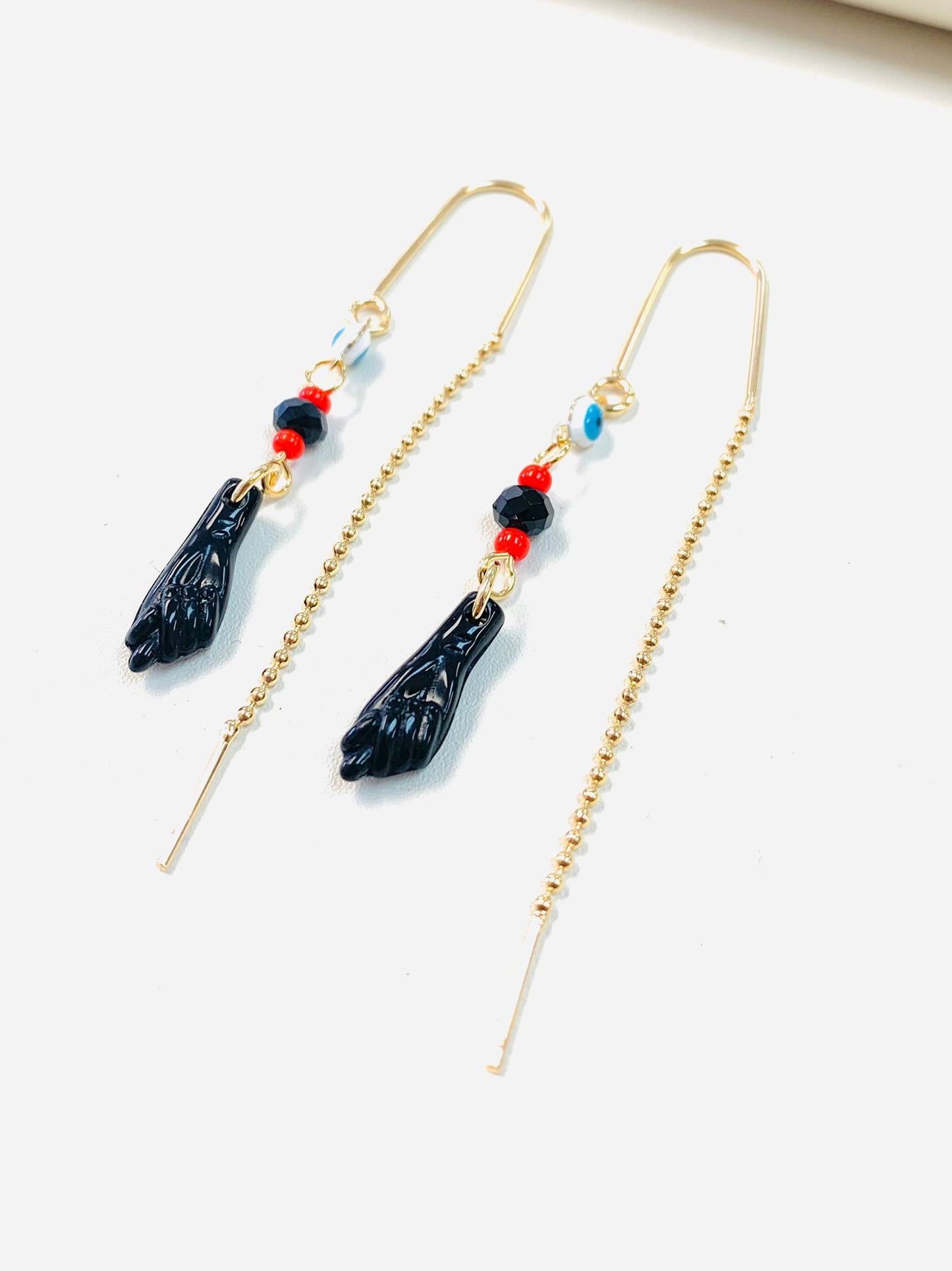 18K Gold Filled Azabache Hand Earrings Evil Eye Threader Earrings for Womens Ladies Girls / Aretes de Azabache y Mal de Ojo en Oro Laminado