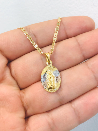 14K Gold Filled Guadalupe Necklace Pendant Set 20x13mm With Valentino Chain 20" / Our Lady of Guadalupe Pendant / Cadena y Dije de la Virgen de Guadalupe