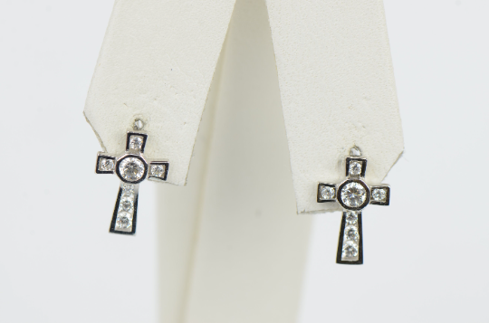 14K Solid Gold Cross Earrings CZ Stones Screw Back 11x7mm for Womens / Aretes de Cruz en Oro Solido Real para Mujer / CZ Gold Cross Stud Earrings