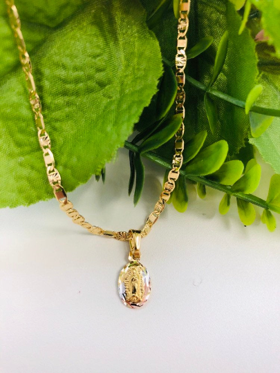 14K Yellow Gold Filled Virgen de Guadalupe Tri-Color Necklace 16" 14x8mm / Cadena y Dije de la Virgencita de Guadalupe Oro Laminado
