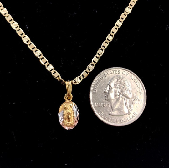 14K Yellow Gold Filled Virgen de Guadalupe Tri-Color Necklace 16" 14x8mm / Cadena y Dije de la Virgencita de Guadalupe Oro Laminado