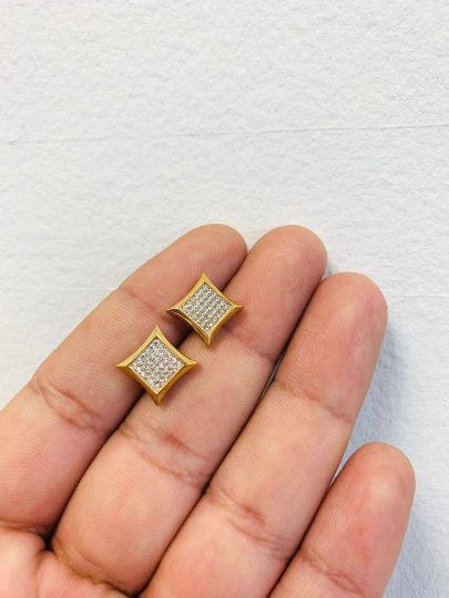 CZ Stud Earrings Solid Yellow Gold 10K 10.7x10.7mm Length 9mm