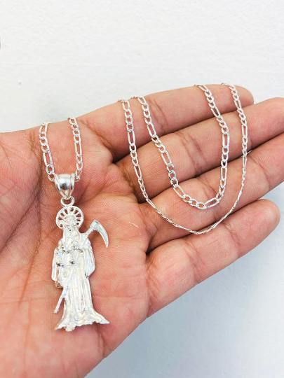 925 Sterling Silver Santa Muerte Necklace Figaro Link 24" 43x18mm 2.7mm 10g