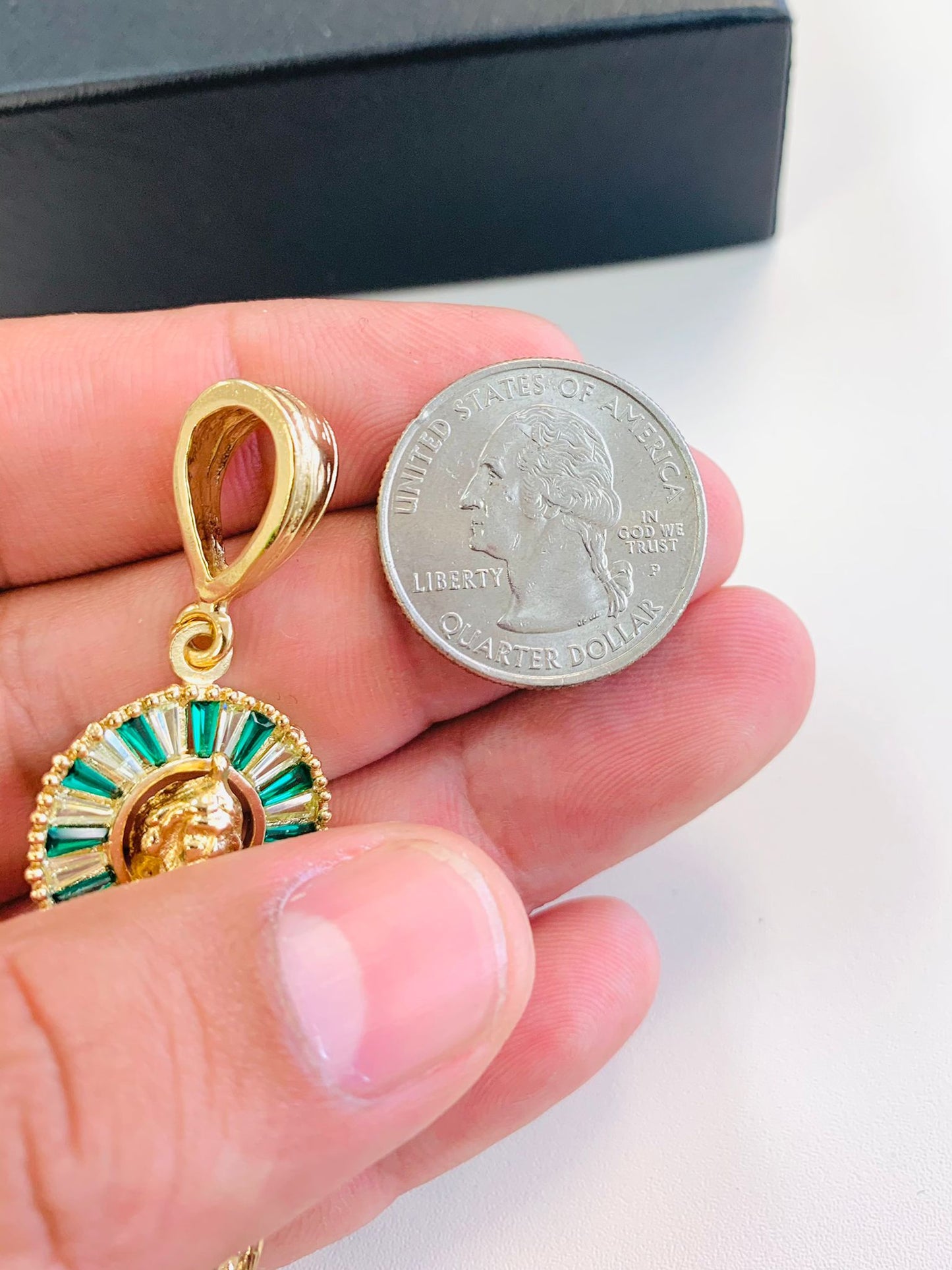 18K Gold Filled San Judas Pendant 2.3x1” 15g / Saint Jude Pendant with Green and Diamond Stones / Dije Medalla de San Judas en Oro Laminado