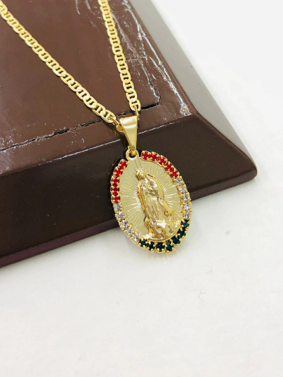 Virgen de Guadalupe Necklace for Womens CZ Mexican Flag Stones 25x15m/ Guadalupe Jewelry / Cadena de la Guadalupe en Oro Laminado Mujer