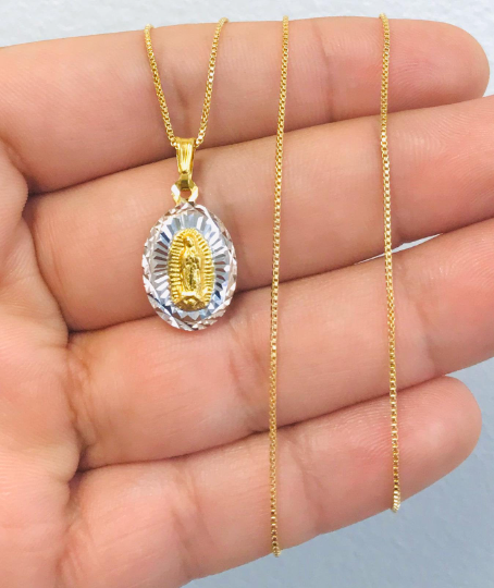18K Gold Filled Diamond Cut Guadalupe Necklace Box Link 20x13mm 20" / Cadena y Dije de Guadalupe