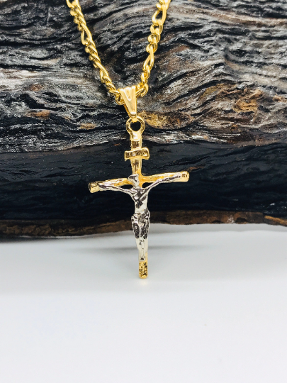 Figaro Link Cross Necklace For Men or Women Gold Filled 33x18mm in