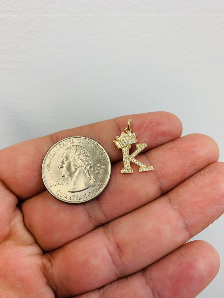 Dijes de la Inicial "K" En Oro Real Solido 14K Para Mujer y Hombre / 14K Yellow Gold CZ Initial "K" With Crown Pendant Charm for Women's Menes