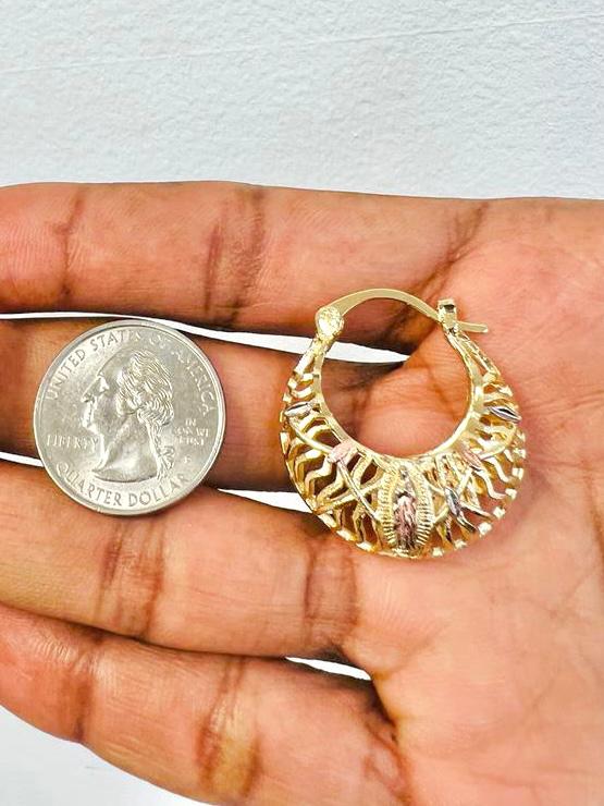 Virgen de Guadalupe Hoop Earrings Tri Color for Womens 30x27mm in 14K Gold Filled / Everyday Earrings / Argollas de la Virgen de Guadalupe