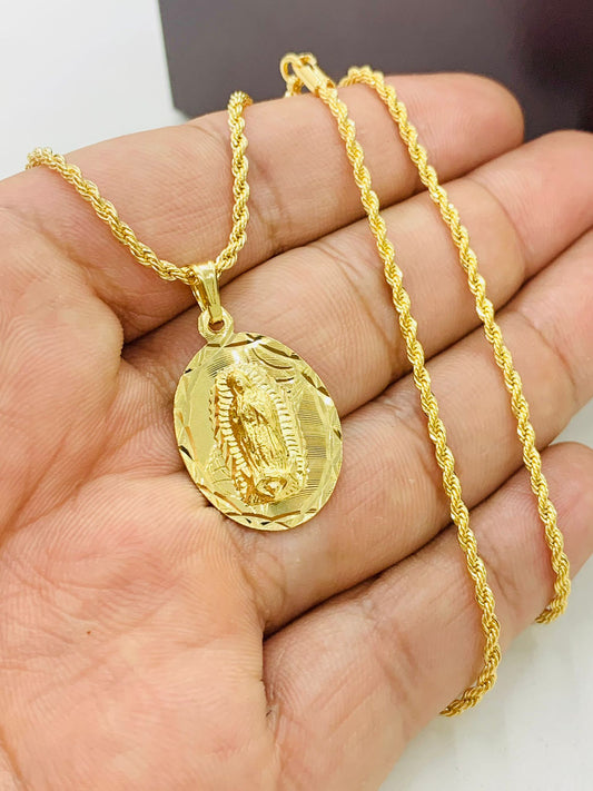 Yellow Gold Filled Virgen de Guadalupe Necklace for Womens Mens 26x18mm/ Dainty Necklace for Everyday / Cadena de la Guadalupe en Oro Unisex