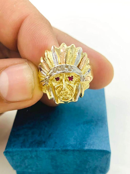 14K Tri Color Solid Gold Indian Chief Head Ring #10 for Mens / Multi Tone Indian Head Ring 8.9g / Mens Ring Jewelry / Anillo Cabeza de Indio