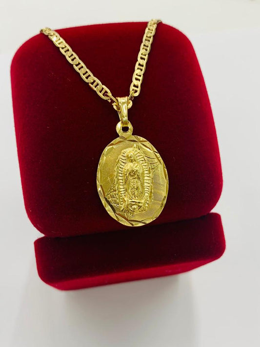 Yellow Gold Filled Virgen de Guadalupe Charm Necklace 20" Womens Mariner Chain 2.5mm
