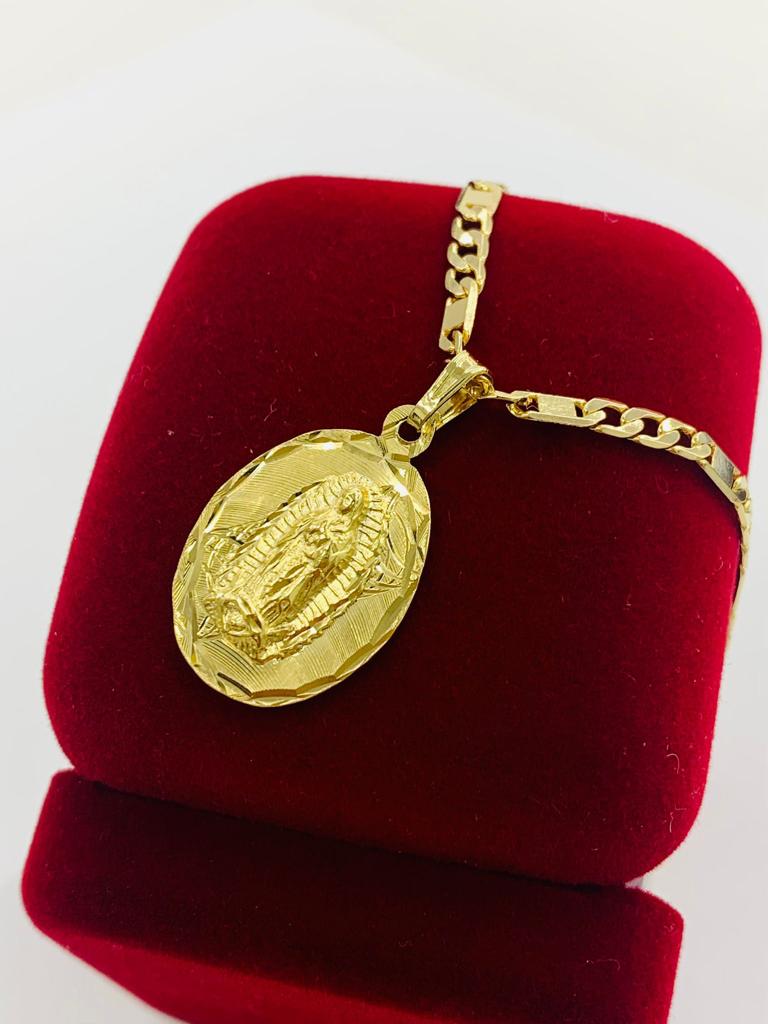 14K Gold Filled All Yellow Virgen de Guadalupe Necklace Pendant 20" Medalla Guadalupe