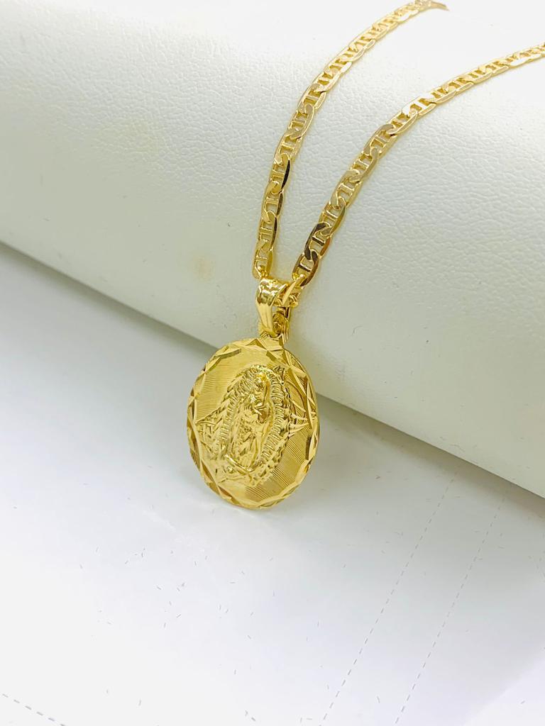 Yellow Gold Filled Virgen de Guadalupe Charm Necklace 20" Womens Mariner Chain 2.5mm
