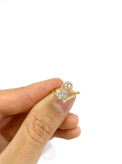 14k Yellow Solid Gold Sweet 15 Ring Heart Butterfly / Ladies Womens Ring #7 Anillo de Quinceanera para Mujer en Oro