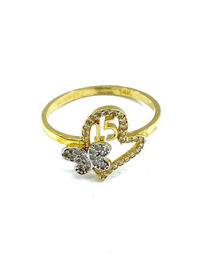14k Yellow Solid Gold Sweet 15 Ring Heart Butterfly / Ladies Womens Ring #7 Anillo de Quinceanera para Mujer en Oro